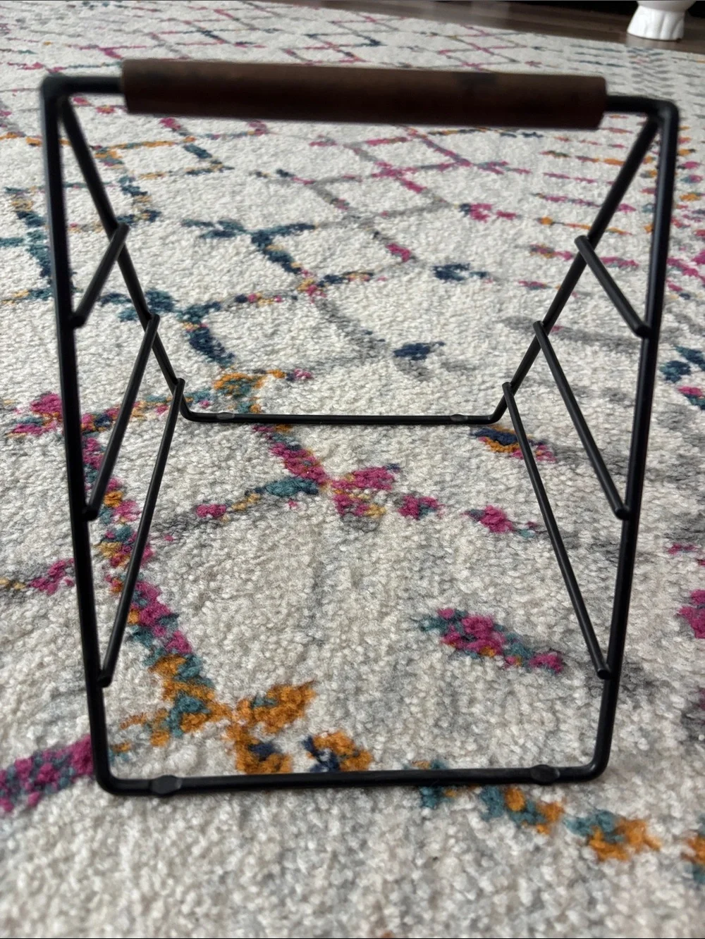 Modern Black Metal Triangle Magazine Rack with Brown Wood Shelves